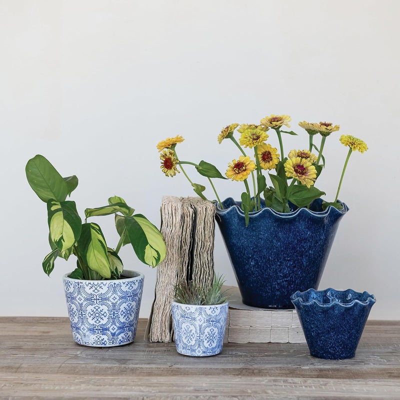 Creative Co-op Large Stoneware Planter with Ruffled Edge and Drainage Hole with Reactive Glaze, Blue - Image 4